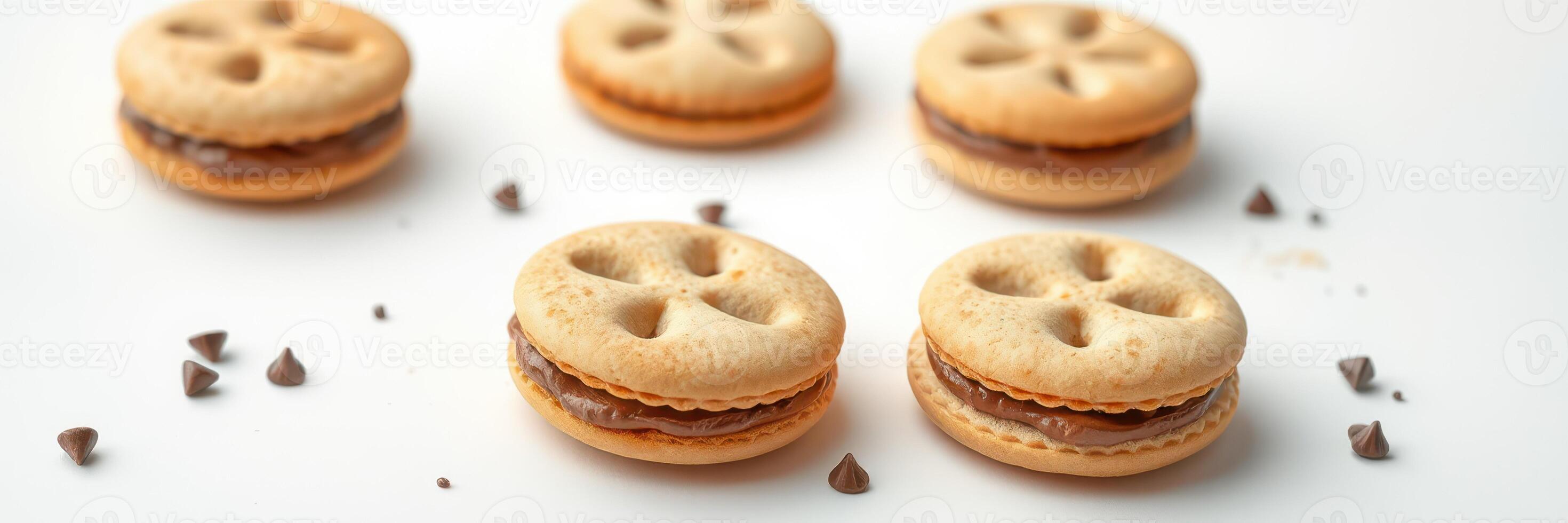 Unique dessert featuring sweet sandwich cookies with chocolate filling arranged on a white surface photo
