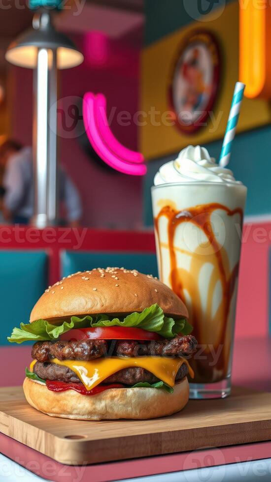 Delicious cheeseburger and creamy caramel milkshake served in a vibrant diner setting during the day photo