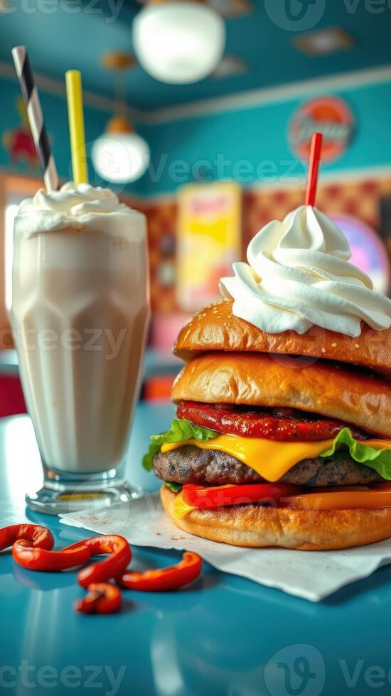 Giant burger with three patties, toppings, and creamy milkshake served at retro diner photo