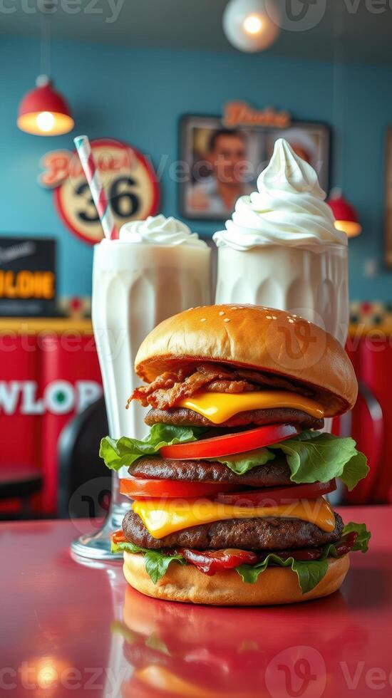 Gourmet burger and milkshakes served at a retro diner during lunchtime photo