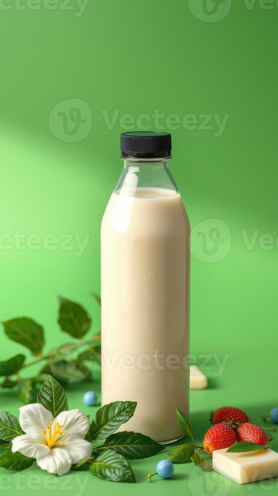 Creamy beverage in a clear bottle surrounded by fresh fruits and greenery against a vibrant green background photo