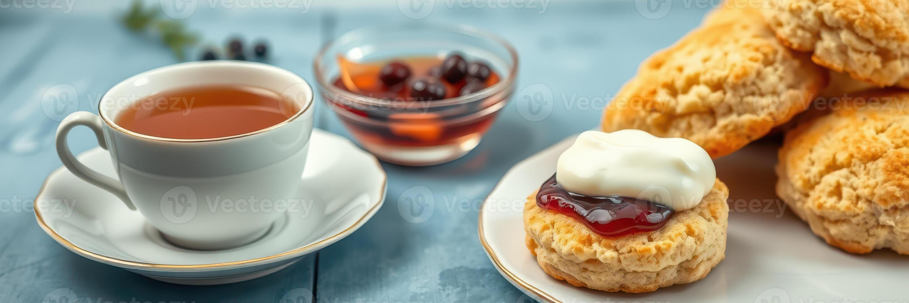 Enjoying a delightful afternoon tea with scones, jam, and cream on a blue wooden table photo
