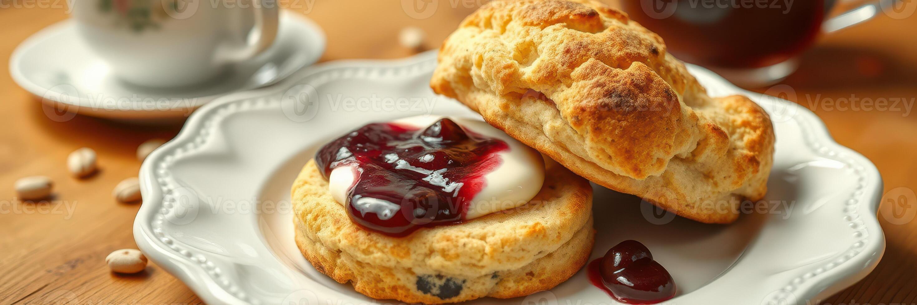 Delicious scone topped with cream and berry jam served with coffee on a wooden table photo