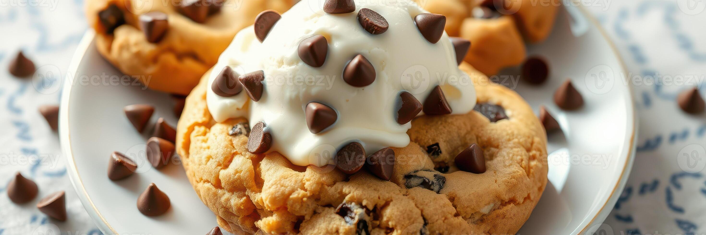 Freshly baked chocolate chip cookies topped with creamy whipped cream and chocolate chips photo