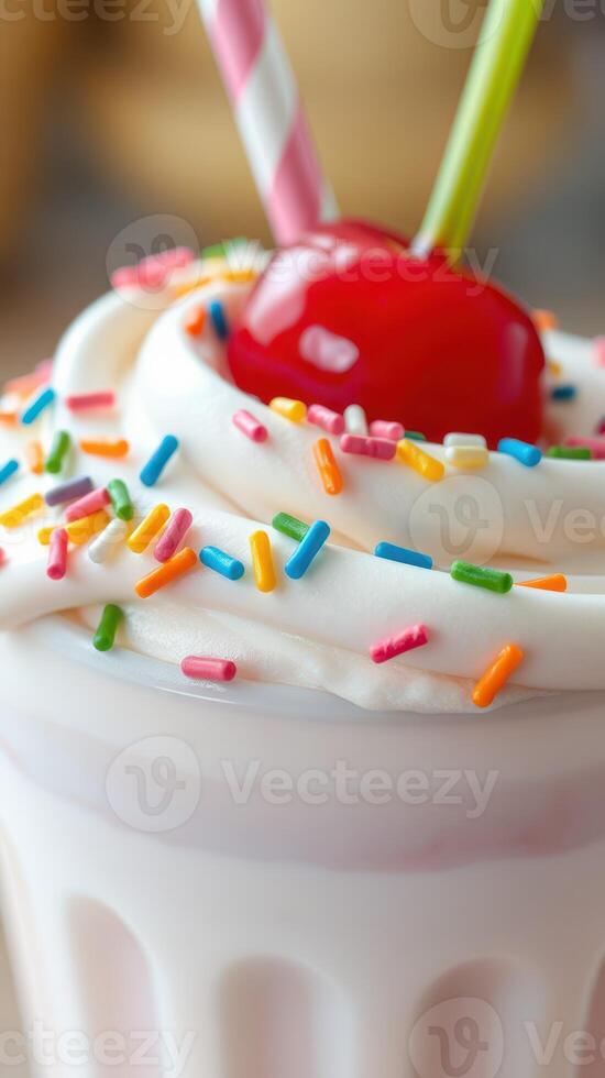 Delicious milkshake topped with whipped cream, a cherry, and colorful sprinkles served in a glass photo