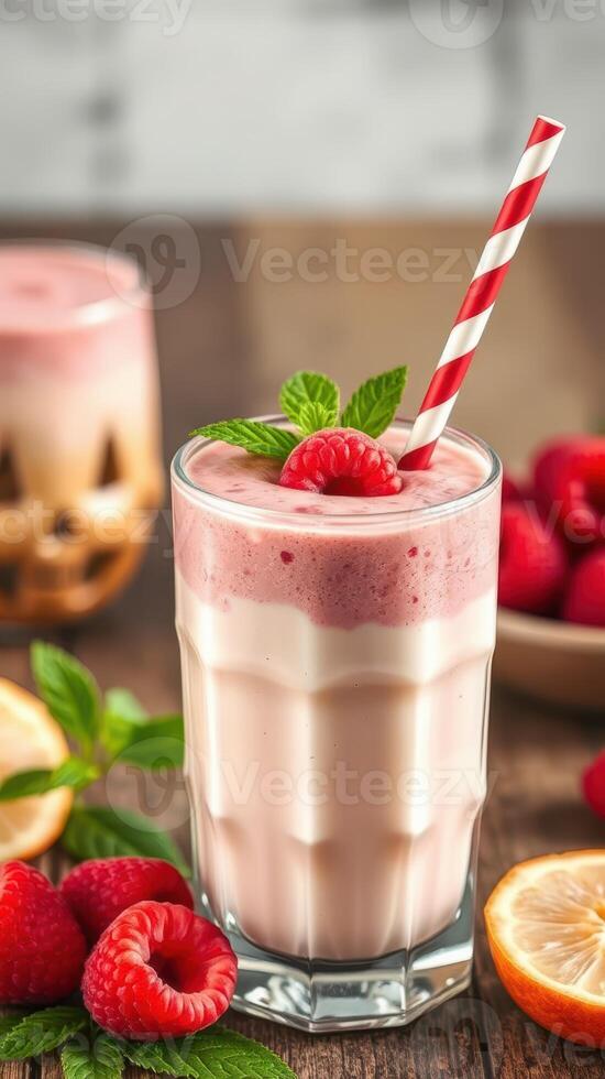 Refreshing raspberry smoothie served with mint and lemon on a wooden table photo