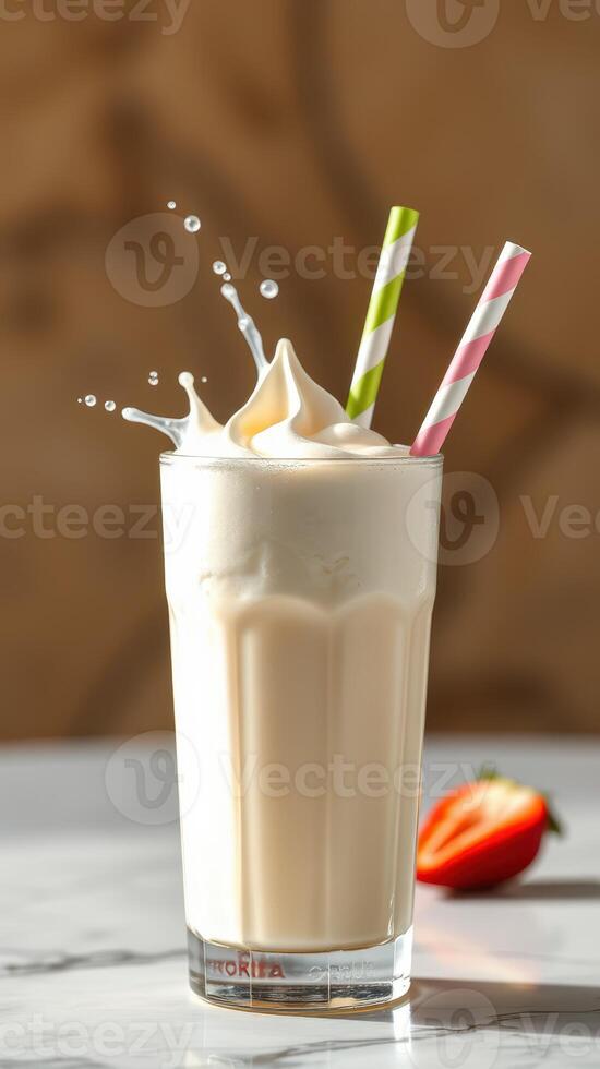 Creamy milkshake with whipped cream and colorful straws served in glass on a marble table photo