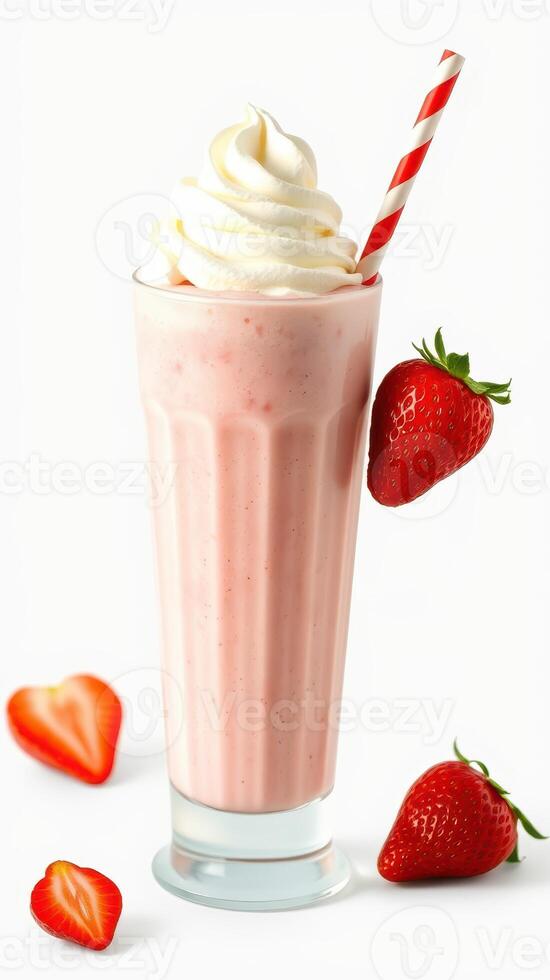 Strawberry milkshake topped with whipped cream and served with fresh strawberries on a plain background photo