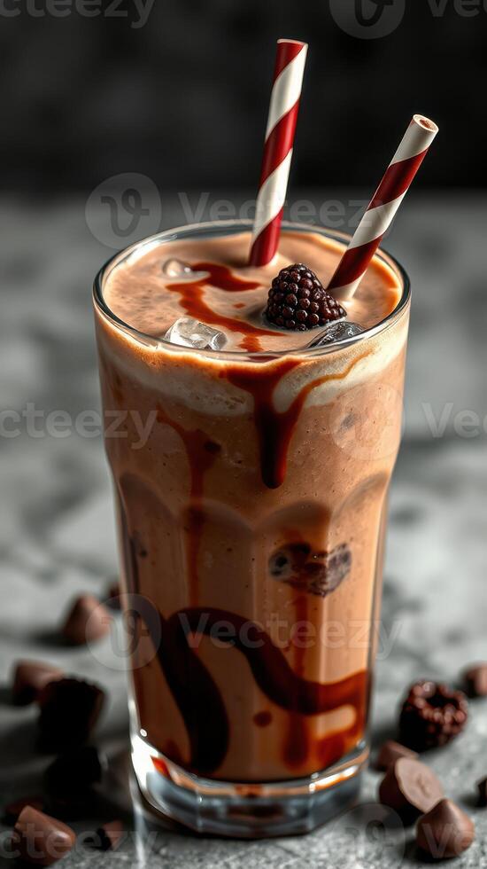Creamy chocolate beverage topped with syrup and berries served in a tall glass with striped straws photo