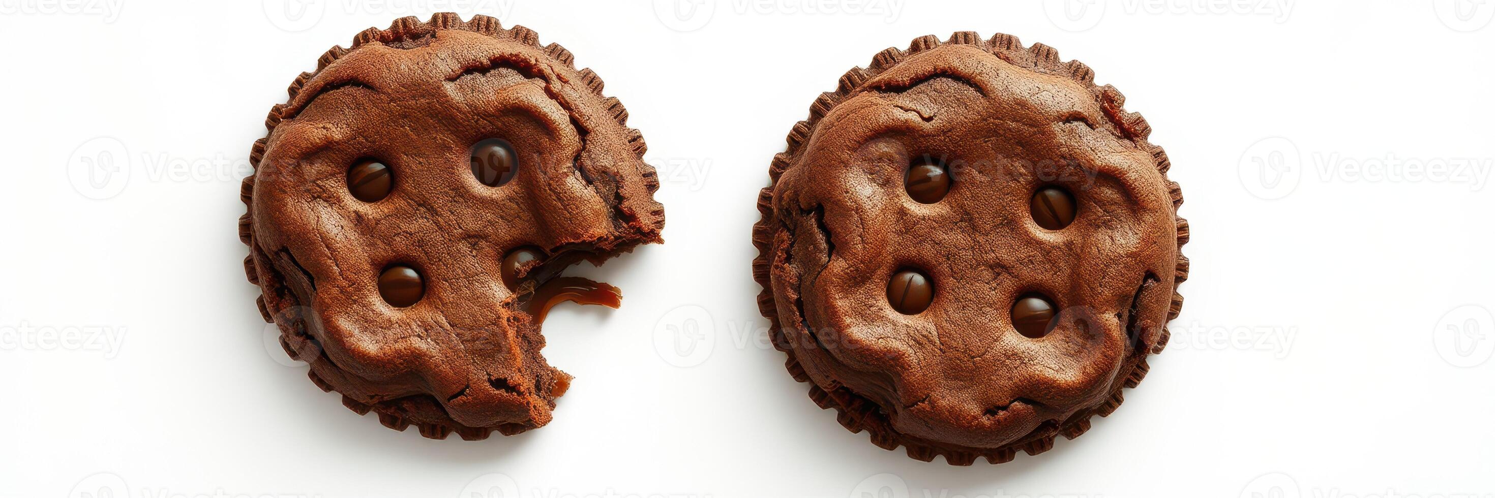 Chocolate cookies with melty chips and a bite taken out on a clean surface photo