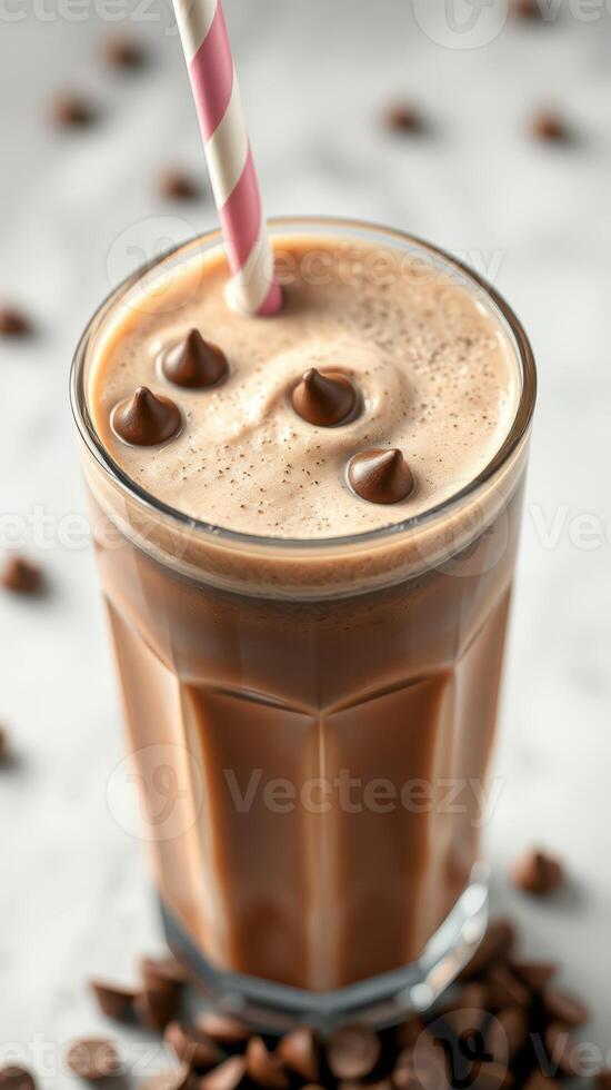Chocolate milkshake topped with chocolate chips and a striped straw in a glass on a marble surface photo