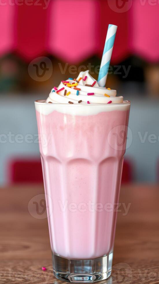 Creamy pink milkshake topped with whipped cream and colorful sprinkles in a glass photo
