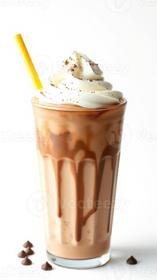Delicious chocolate milkshake topped with whipped cream and chocolate drizzle served in a tall glass photo