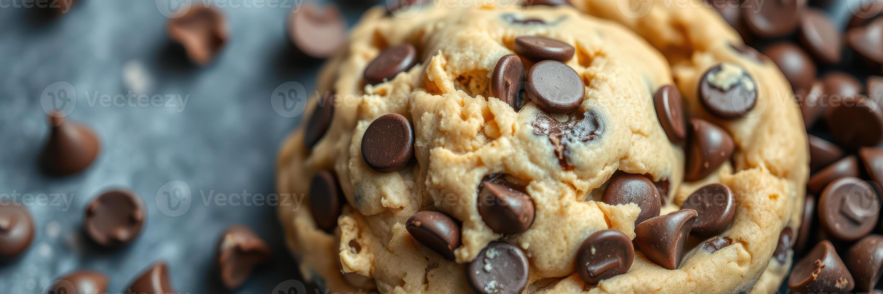 Freshly baked chocolate chip cookie dough scattered around on a black surface with chocolate chips photo