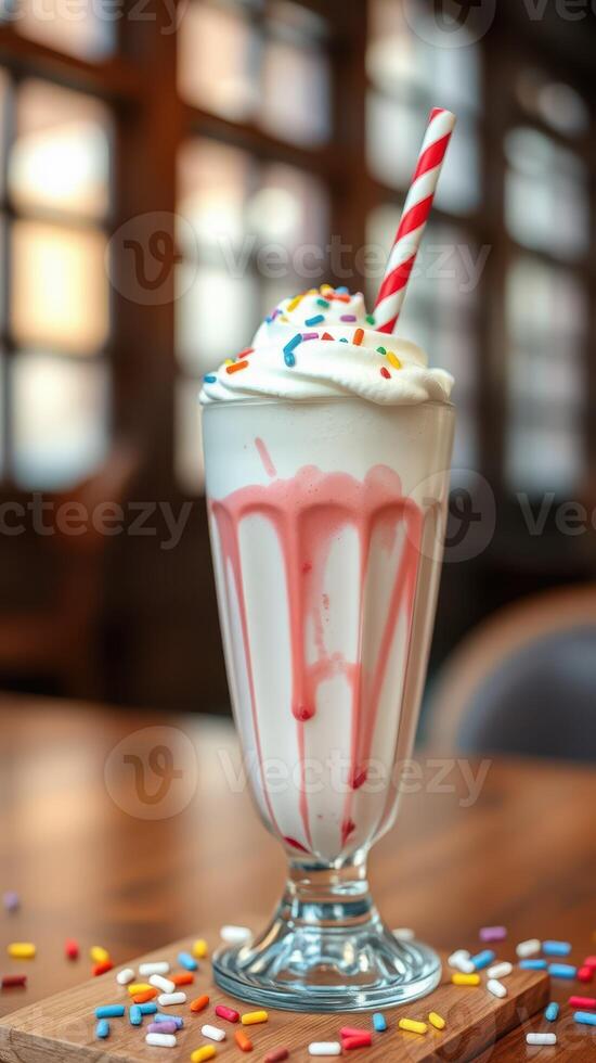 Delicious milkshake topped with whipped cream and colorful sprinkles served in a vintage glass at a cozy cafe photo