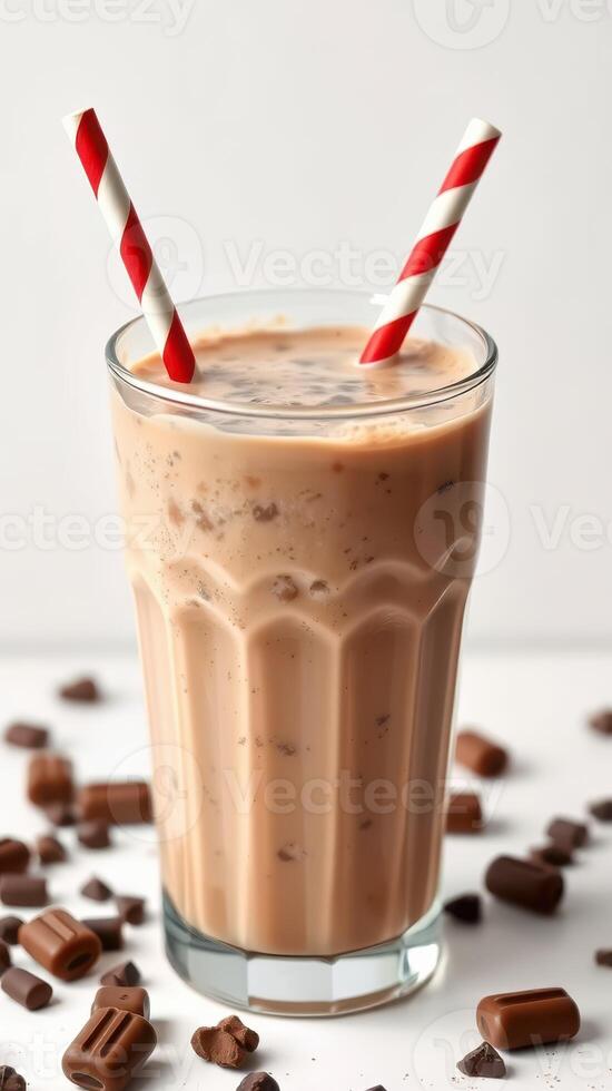 Creamy chocolate beverage served in a tall glass with red and white striped straws on a light background photo