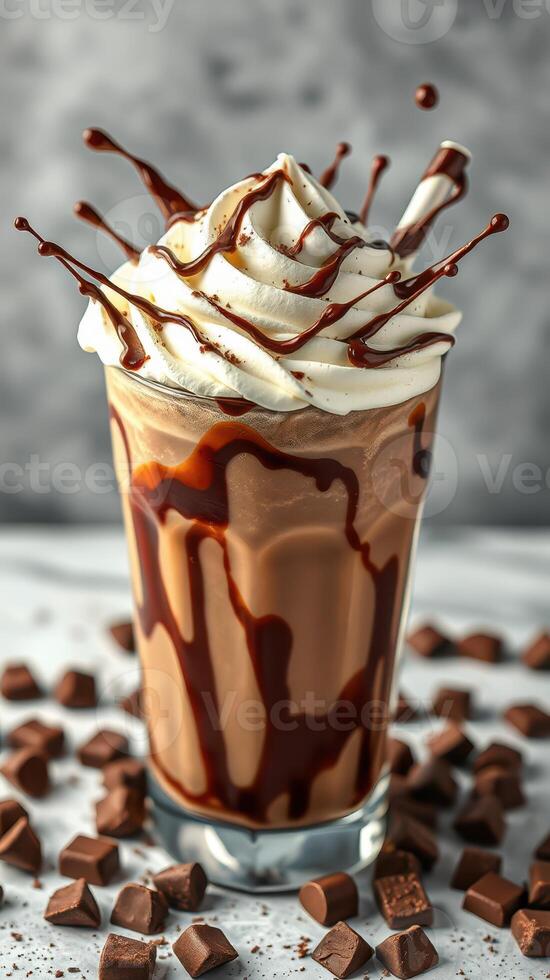 Delicious chocolate milkshake topped with whipped cream and chocolate drizzle presented on a table with chocolate chunks photo