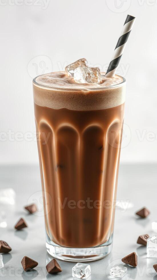 Refreshing iced chocolate beverage with ice cubes and a striped straw in a glass photo