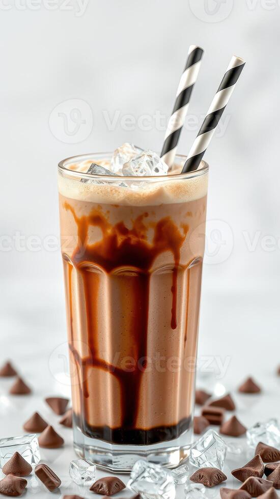 Delicious chocolate milkshake with ice and striped straws served in a tall glass on a white backdrop photo
