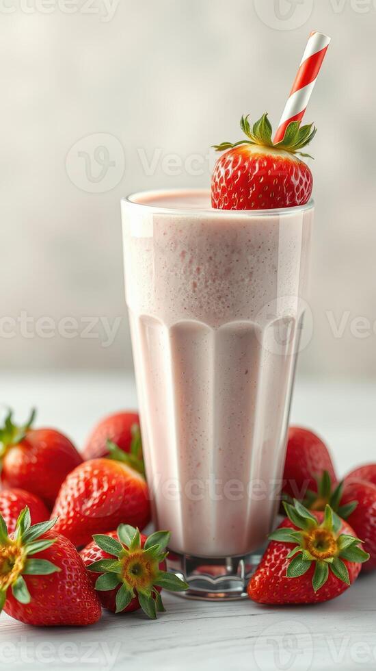 Delicious strawberry milkshake served in a tall glass garnished with fresh strawberries and striped straw photo