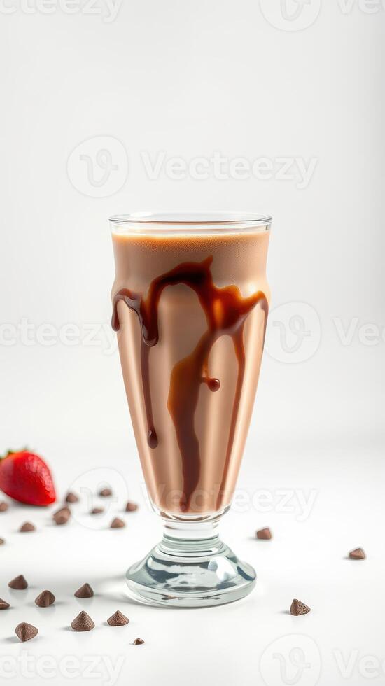 Delicious chocolate milkshake with chocolate drizzle and fresh strawberries on a white background photo