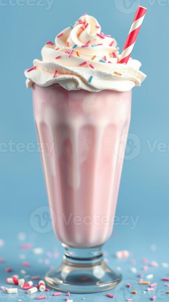 Delightful pink milkshake topped with whipped cream and sprinkles on a pastel blue background photo