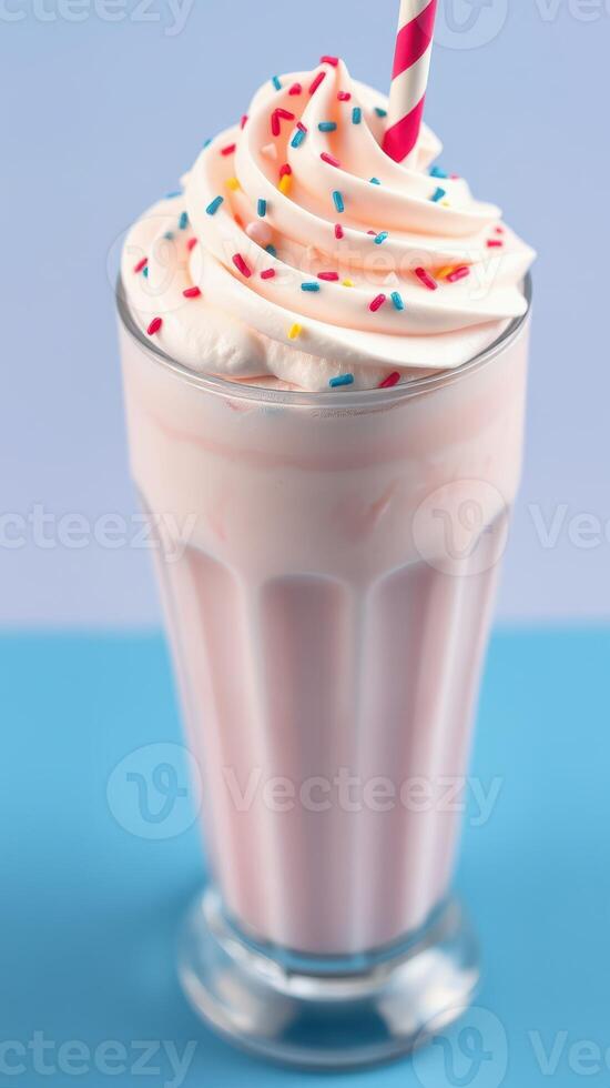 Delicious milkshake topped with whipped cream and colorful sprinkles on a blue background photo
