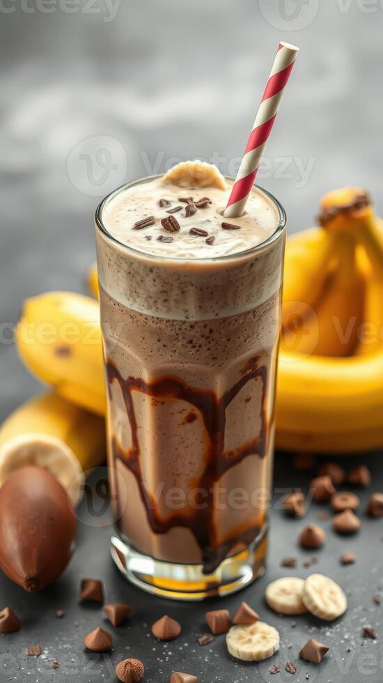 Delicious chocolate banana smoothie with whipped cream and striped straw served with fresh bananas photo