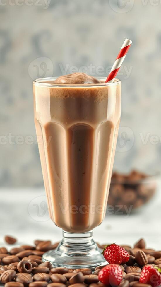 Chocolate milkshake in a vintage glass with a red and white straw surrounded by coffee beans and strawberries photo