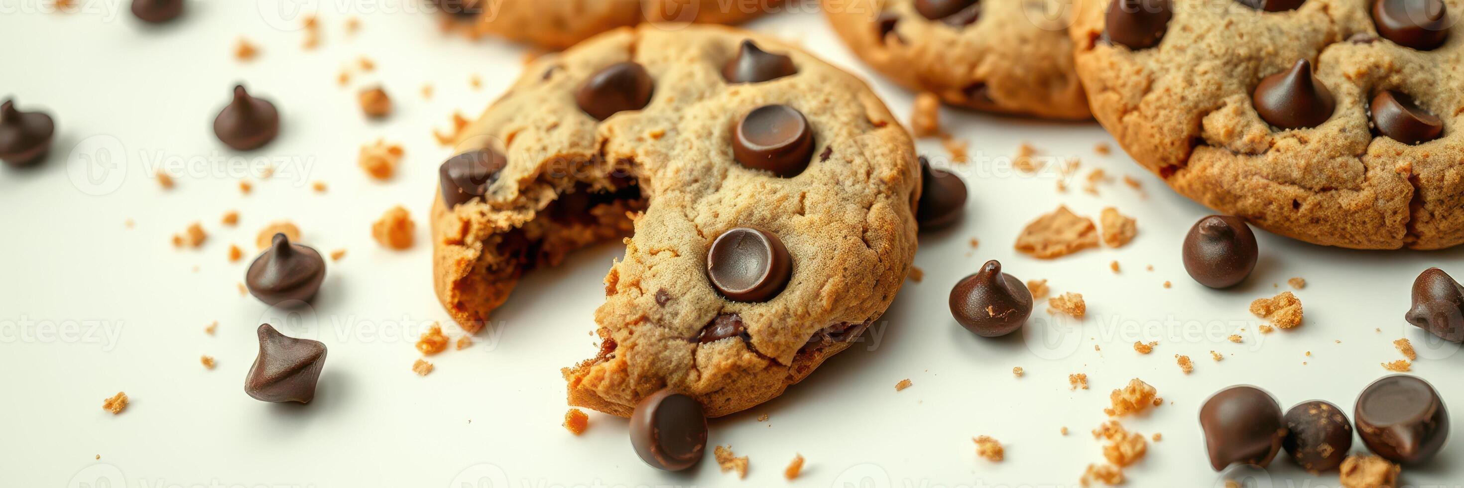 Freshly baked chocolate chip cookies with a bite taken out, placed on a white surface surrounded by chocolate chips photo