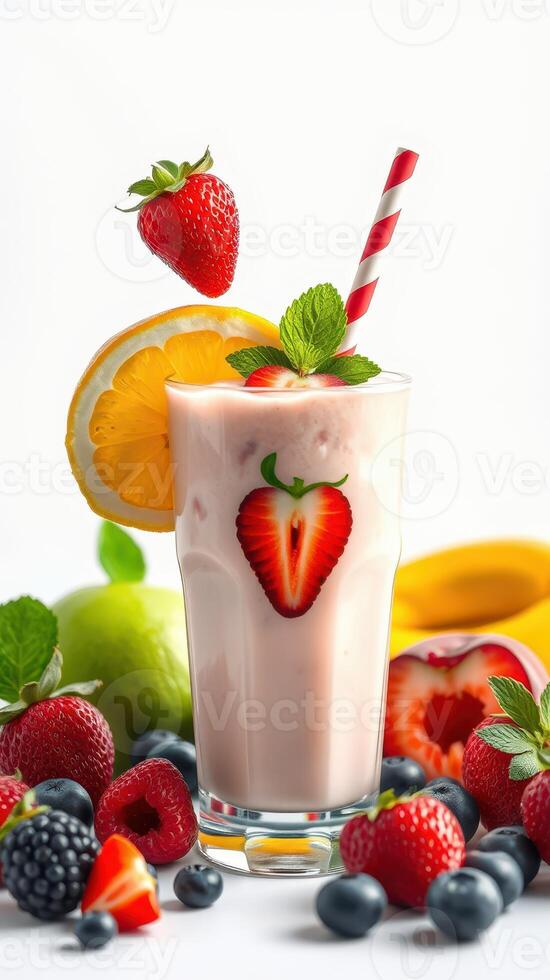 Fresh fruit smoothie in a glass with assorted berries and garnishes on a bright background photo