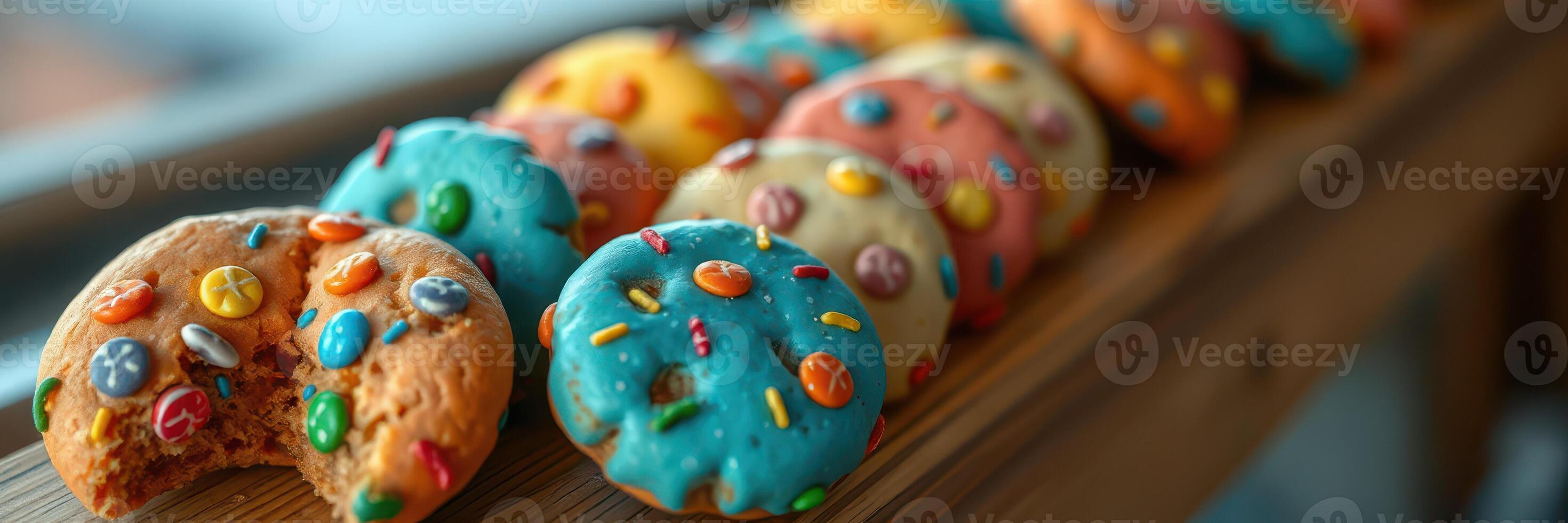 Colorful cookies with candy sprinkles displayed on a wooden board in a bright setting photo
