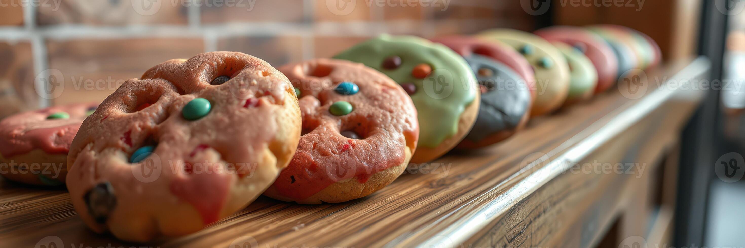 Colorful cookies lined up on wooden shelf in a cozy cafe during afternoon hours photo