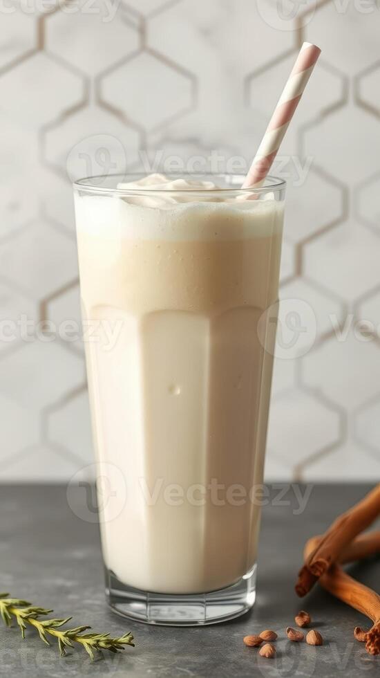 Creamy milkshake served in a tall glass with a straw against a patterned background photo