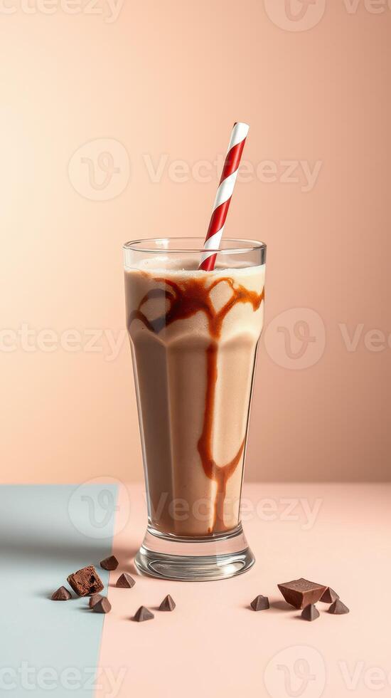 Delicious chocolate milkshake topped with whipped cream and a red striped straw in a minimalist setting photo