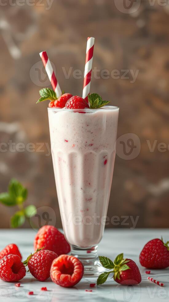 Refreshing raspberry milkshake topped with mint leaves and berries served in a tall glass photo