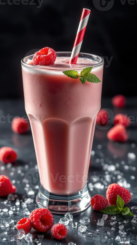 Refreshing raspberry smoothie served in a tall glass with mint leaves and striped straw photo