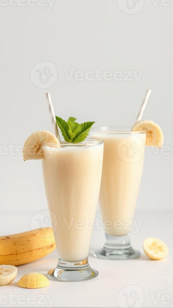 Smooth and refreshing banana smoothies served in tall glasses with mint garnish and sliced bananas on the side photo