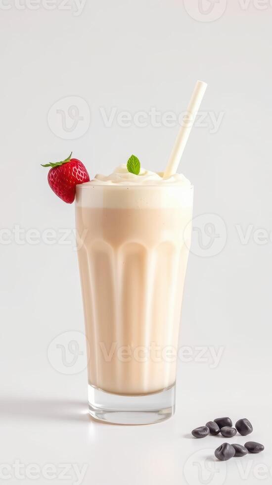 Refreshing strawberry smoothie with whipped cream and coffee beans on a light background photo