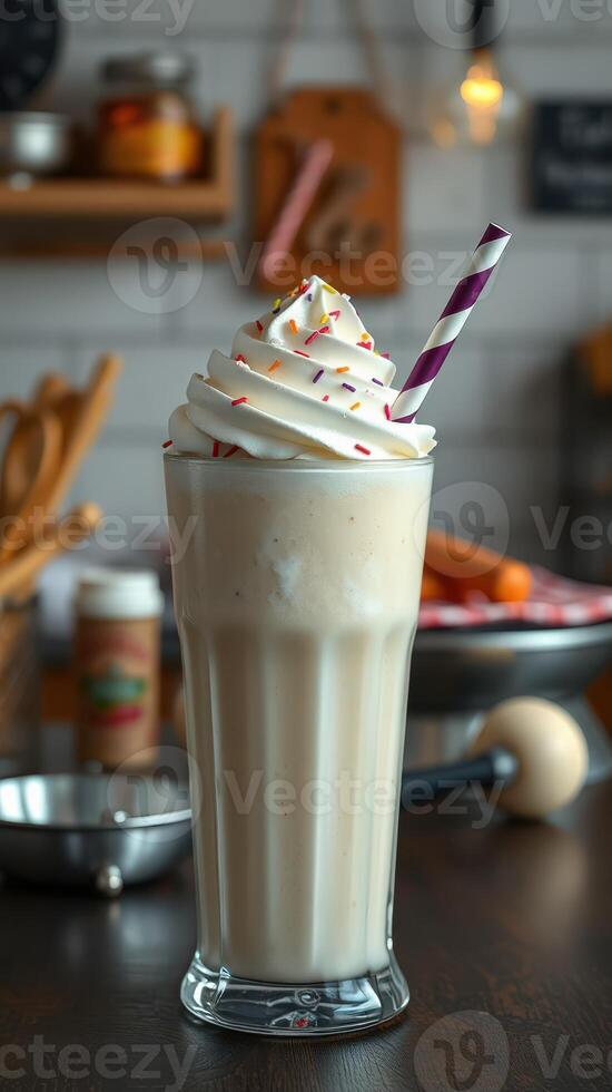 Delicious creamy milkshake topped with whipped cream and colorful sprinkles in a cozy cafe setting photo