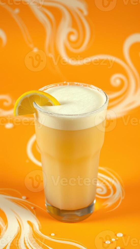 Refreshing citrus drink garnished with lemon slice on vibrant orange background photo