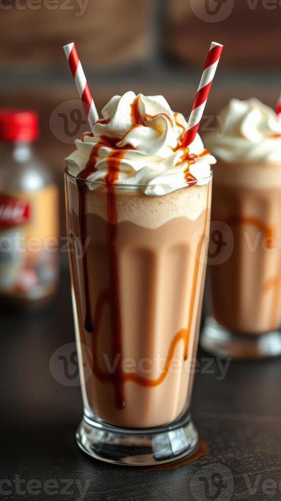 Creamy caramel milkshake topped with whipped cream and drizzled caramel syrup in a cozy setting photo