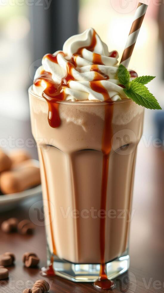 Delicious caramel milkshake topped with whipped cream and mint, served in a tall glass with a straw photo