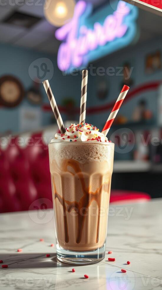 Delicious milkshake topped with whipped cream and colorful sprinkles in a retro diner setting photo