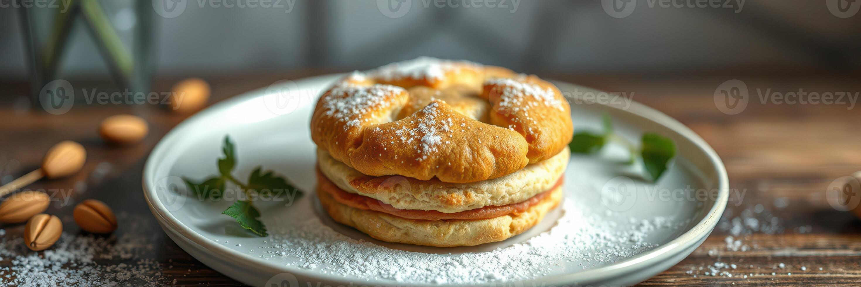 Fluffy pancakes stacked with powdered sugar and garnished with fresh herbs on a rustic wooden table photo