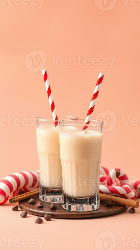 Creamy milkshakes with striped straws and candy canes on a playful backdrop in a cozy setting photo