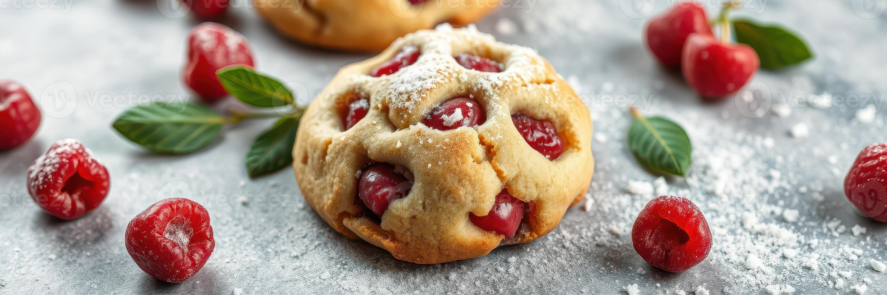 Freshly baked raspberry cookies with mint and powdered sugar on a textured surface photo