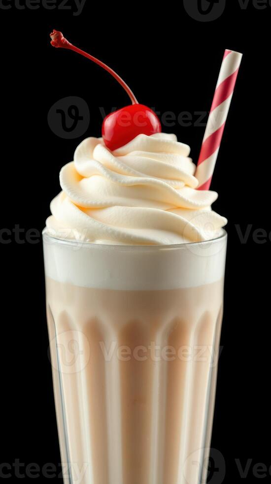 Creamy milkshake topped with whipped cream and a cherry served in a tall glass with a striped straw photo