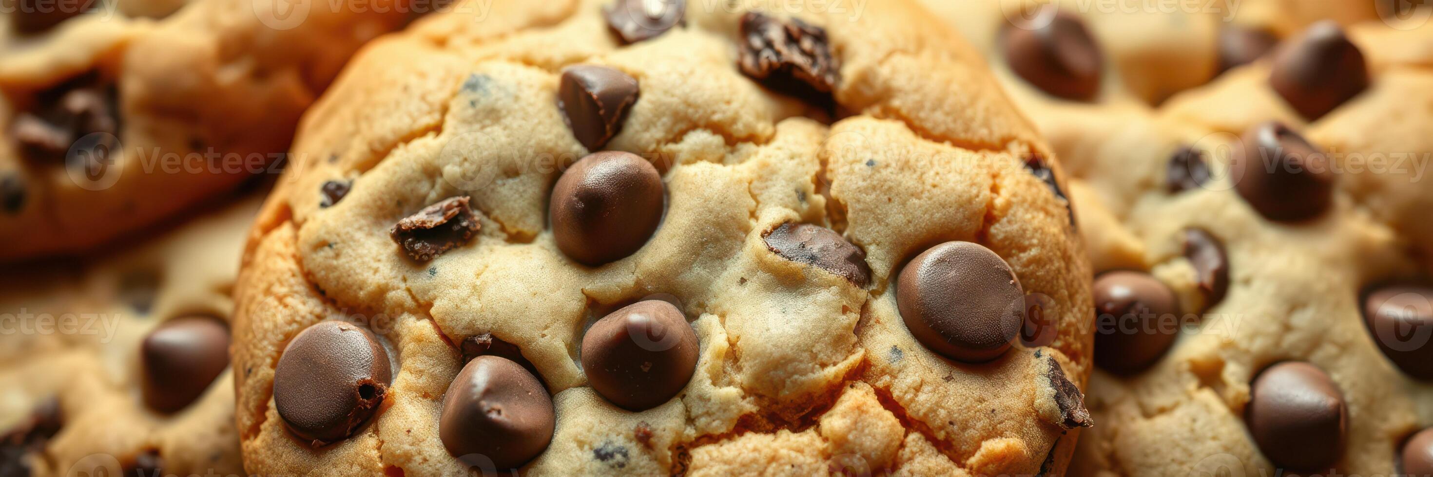 Warm freshly baked chocolate chip cookies stacked on a plate ready to be enjoyed at a cozy kitchen photo