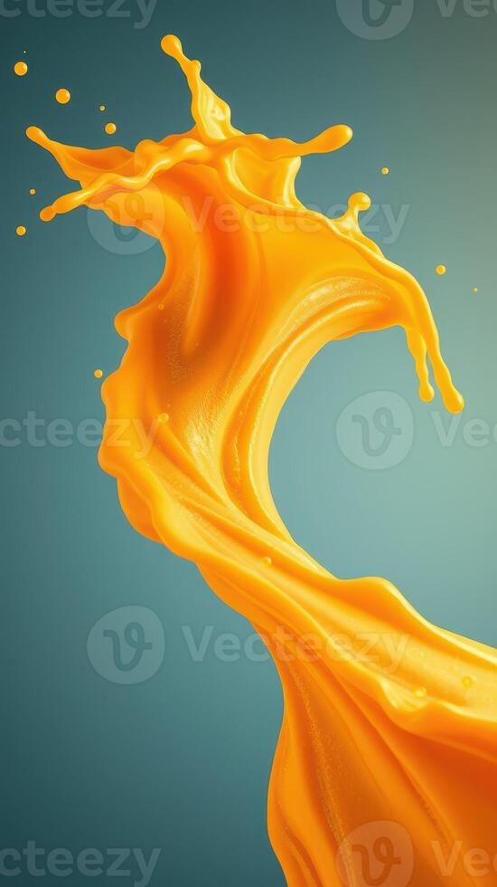 Bright orange liquid splash forms a wave against a blue background capturing movement and energy photo